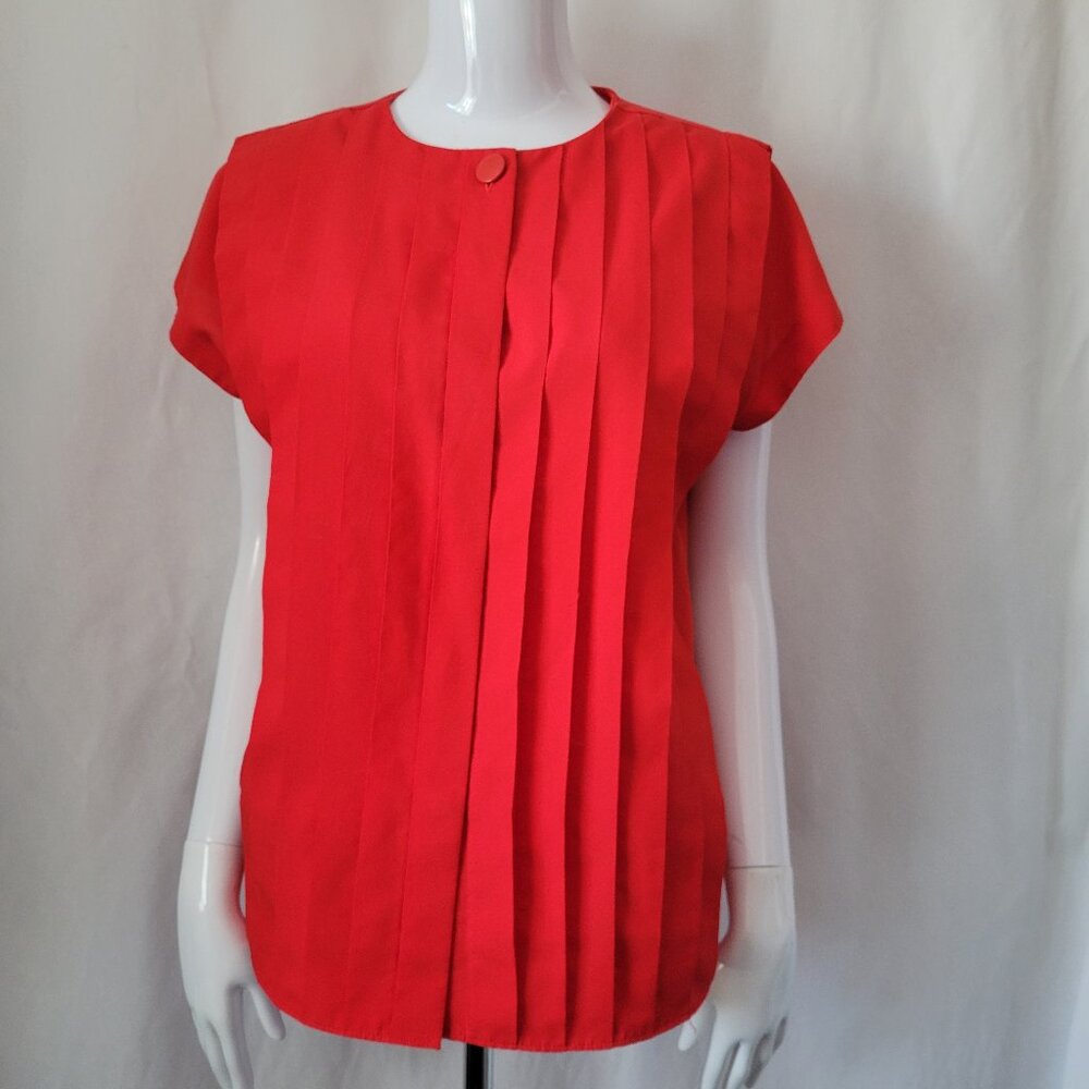Macshore Classics Blouse Red Pleated hidden placket Large retro officecore silky